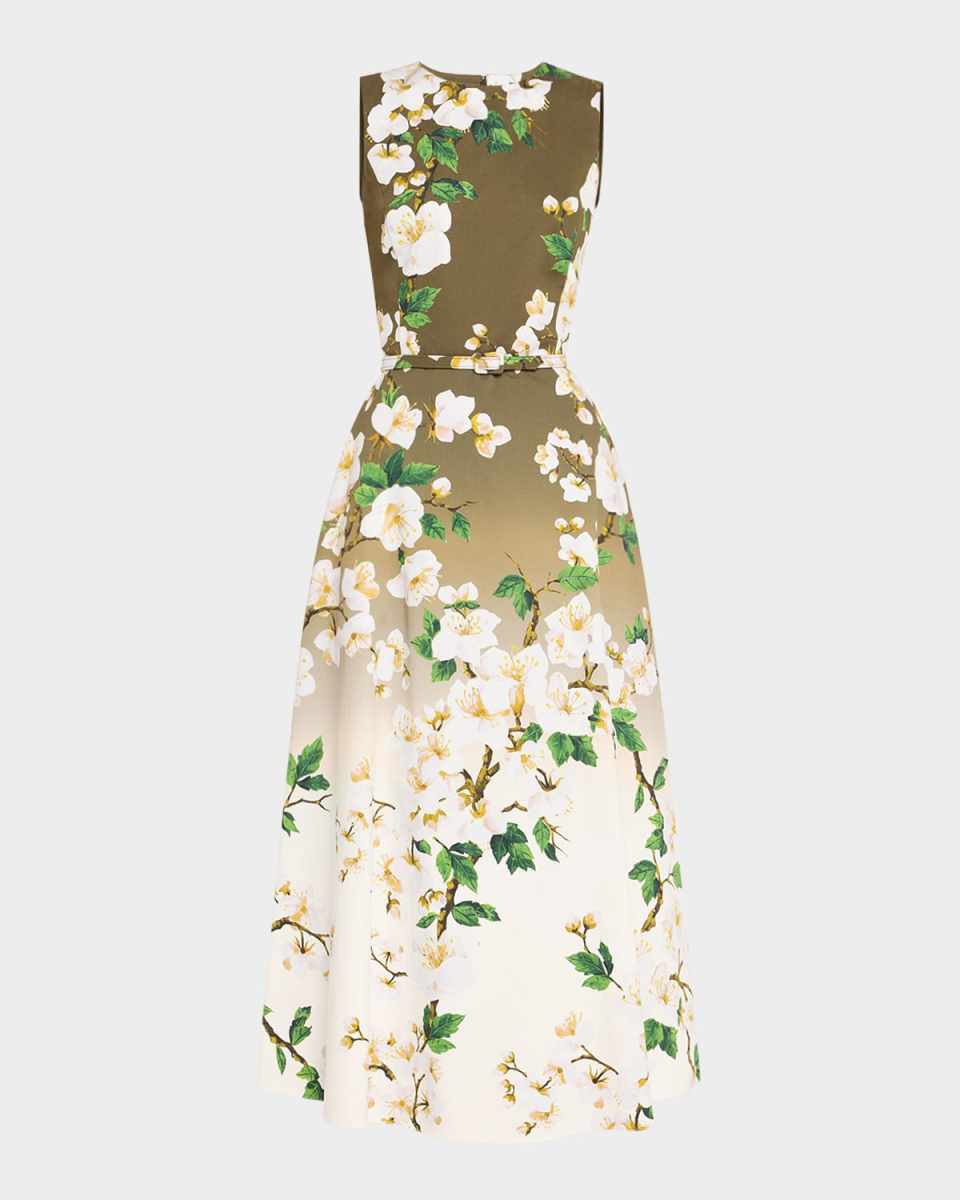 Sleeveless Ombre Cherry Blossom Tea-Length Dress With Belt